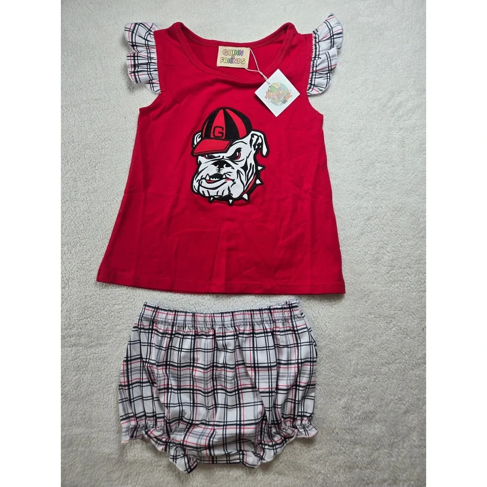 Quinn & Friends Toddler Girls Red Bulldog Plaid Ruffle Top & Bloomers Set 4T NEW